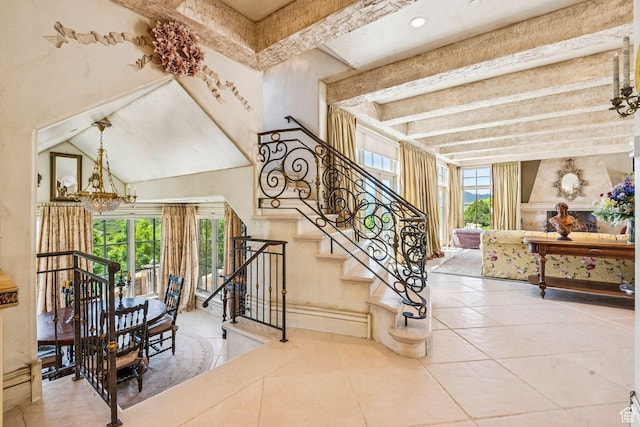 1526 W Red Hawk Trl, Park City, UT 84098 - staircase featuring beam ceiling and tile patterned flooring