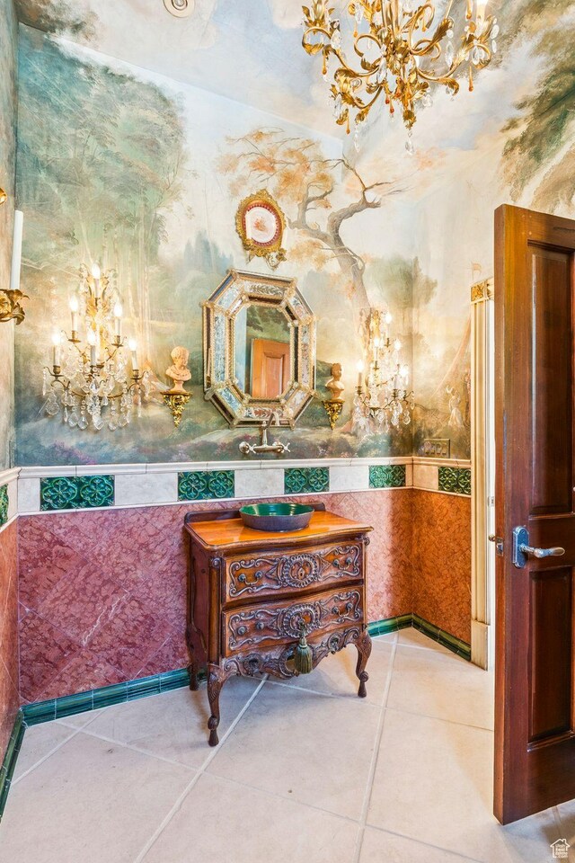1526 W Red Hawk Trl, Park City, UT 84098 - bathroom with a chandelier, tile patterned flooring, and vanity