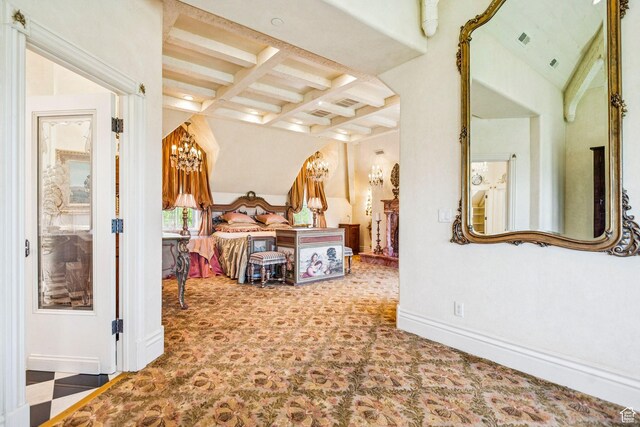 1526 W Red Hawk Trl, Park City, UT 84098 - bedroom with carpet floors, a chandelier, beam ceiling, and arched walkways