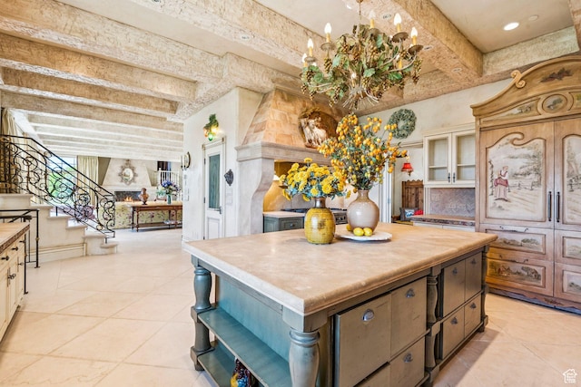 1526 W Red Hawk Trl, Park City, UT 84098 - kitchen with open shelves, light tile patterned floors, beam ceiling, a kitchen island, and tasteful backsplash