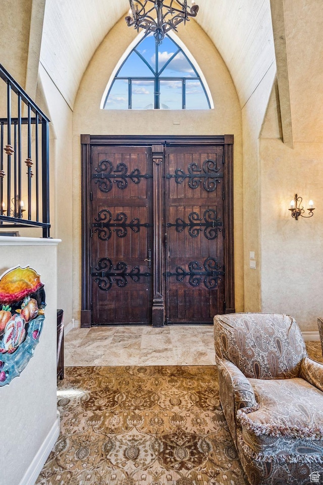 1526 W Red Hawk Trl, Park City, UT 84098 - foyer entrance with vaulted ceiling and a chandelier