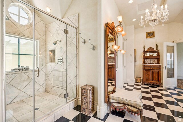 1526 W Red Hawk Trl, Park City, UT 84098 - full bathroom featuring a stall shower, lofted ceiling, a chandelier, recessed lighting, and french doors
