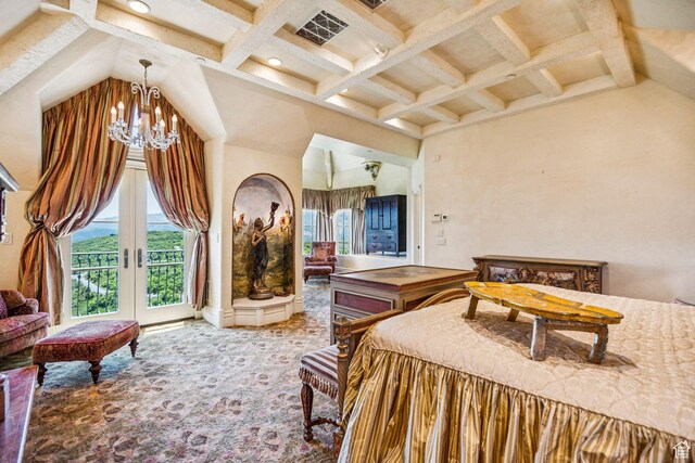 1526 W Red Hawk Trl, Park City, UT 84098 - bedroom with a chandelier, access to exterior, carpet floors, and coffered ceiling
