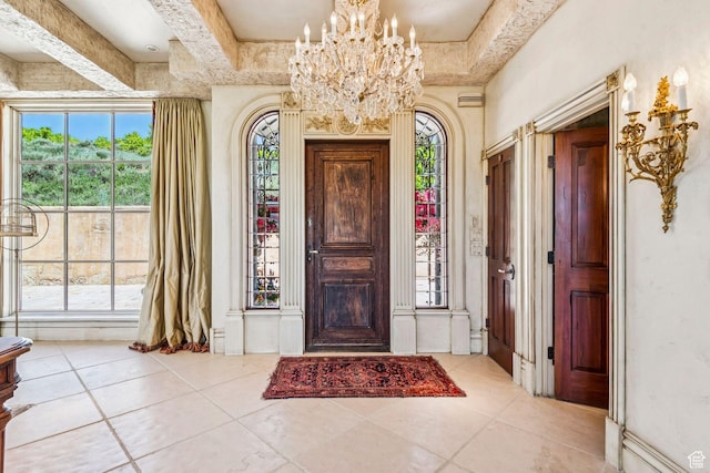 1526 W Red Hawk Trl, Park City, UT 84098 - foyer entrance with a chandelier and tile patterned flooring