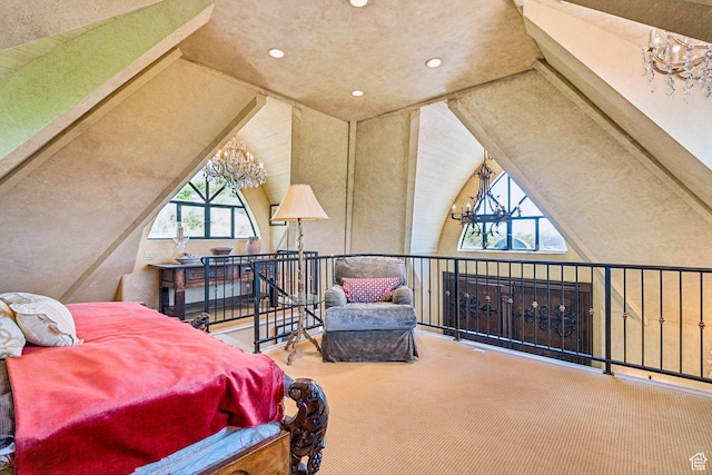 1526 W Red Hawk Trl, Park City, UT 84098 - bedroom with lofted ceiling, carpet, recessed lighting, and a chandelier
