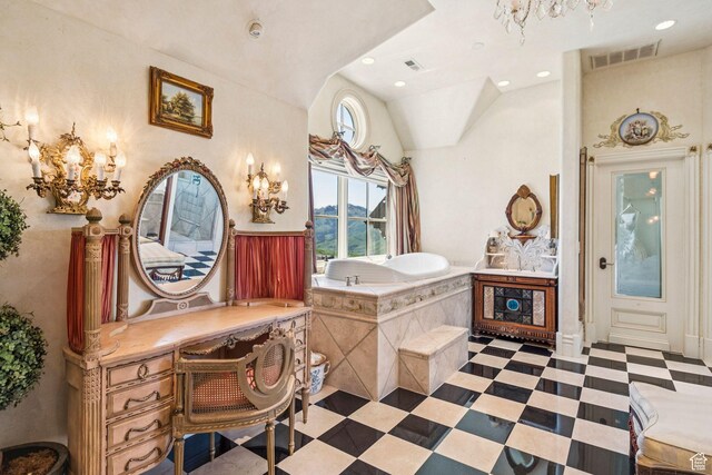 1526 W Red Hawk Trl, Park City, UT 84098 - full bath featuring a chandelier, lofted ceiling, a garden tub, and recessed lighting