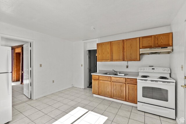 165 N 800 E, Hyrum, UT 84319 - kitchen featuring white appliances, under cabinet range hood, light countertops, and brown cabinetry