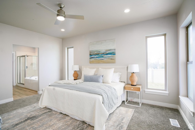1103 Vista Dr, Santaquin, UT 84655 - bedroom with ensuite bathroom, recessed lighting, a ceiling fan, and wood finished floors