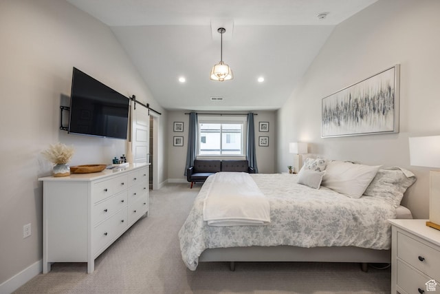1476 W Stone Gate Dr, Saratoga Springs, UT 84045 - bedroom featuring a barn door, lofted ceiling, light carpet, and recessed lighting