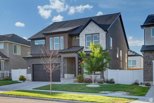 1476 W Stone Gate Dr, Saratoga Springs, UT 84045 - view of front of property featuring a standing seam roof, stone siding, driveway, and a metal roof