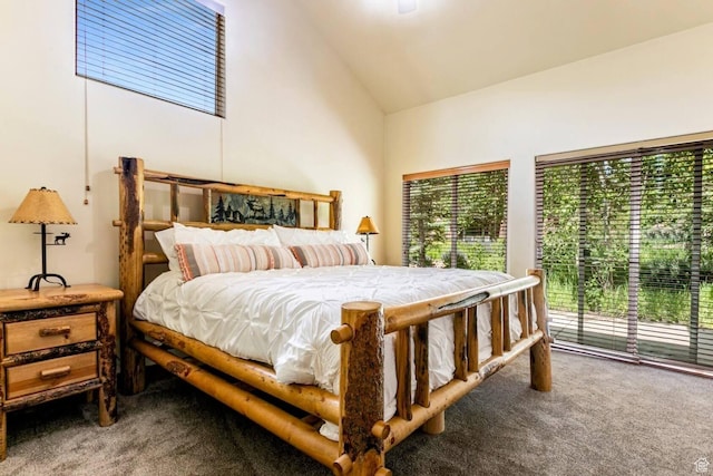 8437 Pointe Dr, Park City, UT 84098 - bedroom featuring carpet flooring, access to exterior, and high vaulted ceiling