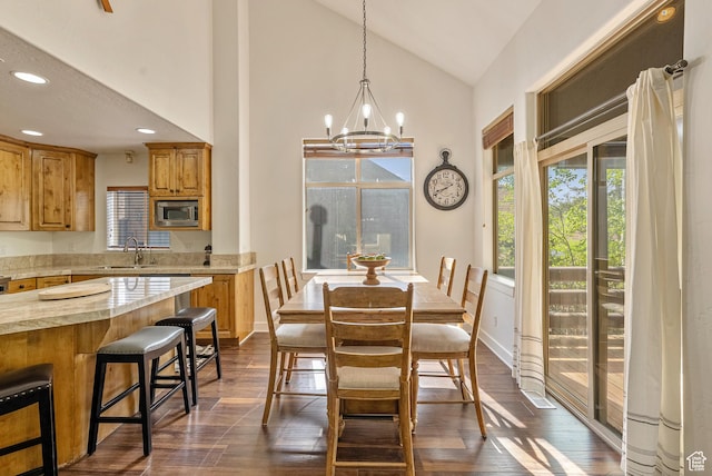 5150 Cove Canyon Dr Unit A, Park City, UT 84098 - dining area featuring dark wood-style flooring, a chandelier, recessed lighting, and high vaulted ceiling