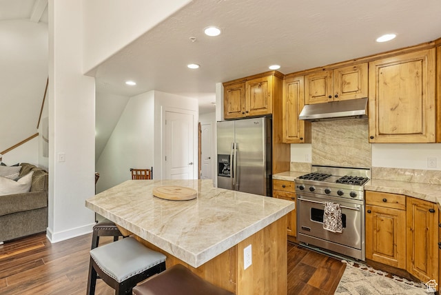 5150 Cove Canyon Dr Unit A, Park City, UT 84098 - kitchen with stainless steel appliances, under cabinet range hood, dark wood-type flooring, recessed lighting, and a center island