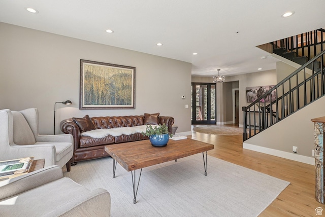 2570 Aspen Springs Dr, Park City, UT 84060 - living room featuring a chandelier, stairs, recessed lighting, and light wood-type flooring