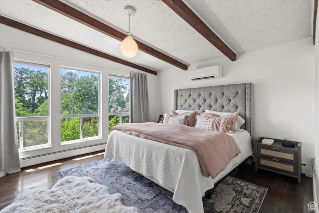 4560 S Wallace Ln, Holladay, UT 84117 - bedroom with a wall mounted AC, baseboard heating, beam ceiling, and dark wood-type flooring