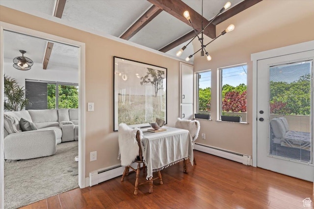 4560 S Wallace Ln, Holladay, UT 84117 - dining room with a baseboard heating unit, beamed ceiling, a chandelier, and wood finished floors