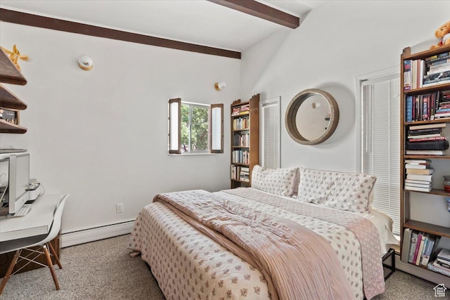 4560 S Wallace Ln, Holladay, UT 84117 - bedroom featuring a baseboard heating unit, beam ceiling, carpet floors, and a desk