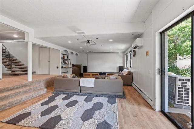 4560 S Wallace Ln, Holladay, UT 84117 - living room with baseboard heating, light wood-type flooring, a wall mounted AC, stairway, and recessed lighting