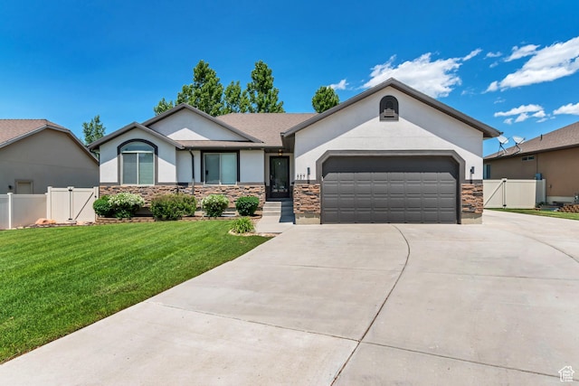 327 E 2260 S, Heber City, UT 84032 - ranch-style home featuring stucco siding, concrete driveway, an attached garage, and stone siding