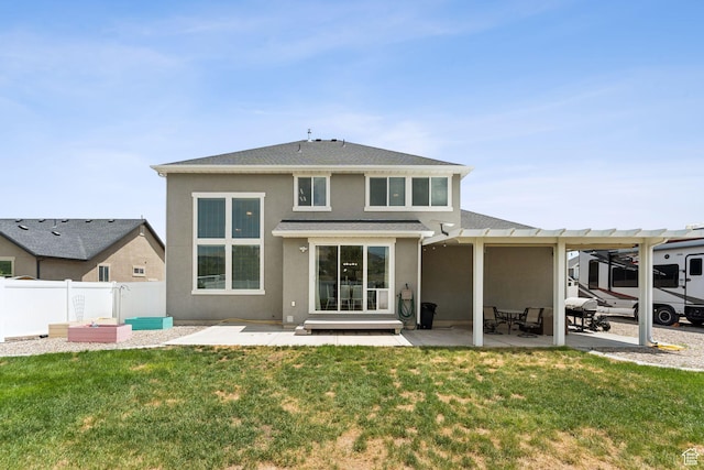 13698 S Black Hoof Cir, Herriman, UT 84096 - back of house featuring stucco siding, a patio, roof with shingles, and a pergola