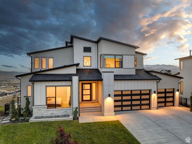 4473 N Solstice Dr, Lehi, UT 84043 - contemporary home featuring roof with shingles, driveway, a garage, and a mountain view