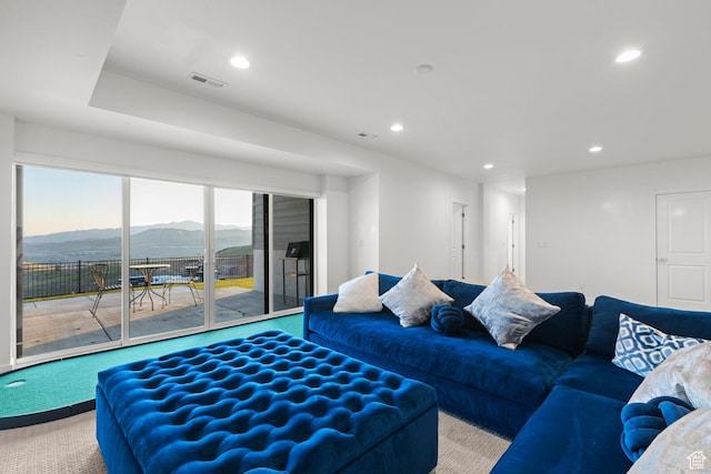 4473 N Solstice Dr, Lehi, UT 84043 - living area featuring carpet, a mountain view, and recessed lighting