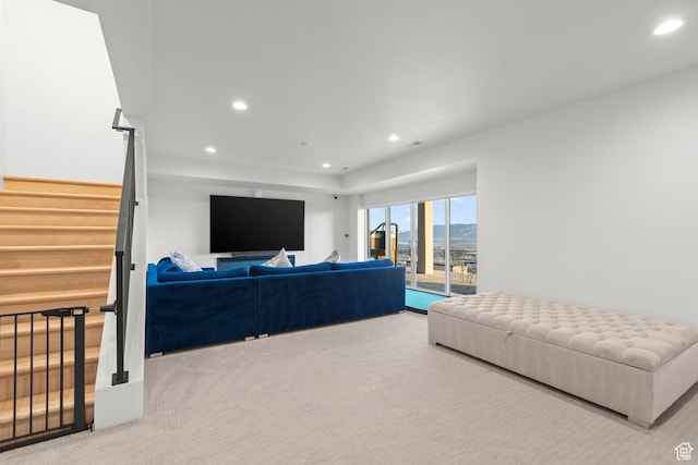 4473 N Solstice Dr, Lehi, UT 84043 - living room featuring recessed lighting, stairway, and carpet flooring