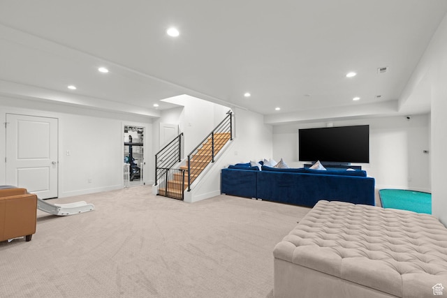 4473 N Solstice Dr, Lehi, UT 84043 - carpeted living room featuring recessed lighting and stairway