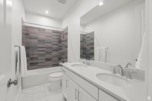 4473 N Solstice Dr, Lehi, UT 84043 - bathroom featuring bathtub / shower combination, double vanity, recessed lighting, and marble look tile flooring