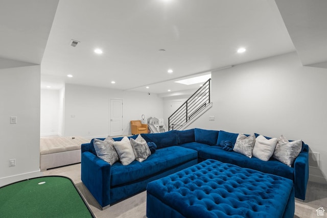 4473 N Solstice Dr, Lehi, UT 84043 - living area with light carpet, recessed lighting, and stairs