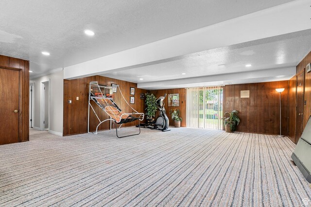 1775 S 290 E, Orem, UT 84058 - workout room featuring wood walls, a textured ceiling, carpet floors, and recessed lighting