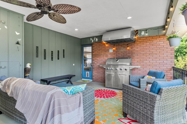 1775 S 290 E, Orem, UT 84058 - living room with brick wall, ceiling fan, healthy amount of natural light, and recessed lighting