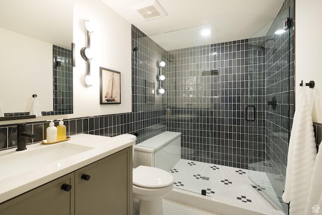 1889 W 1400 S, Lehi, UT 84043 - full bathroom with tile walls, vanity, a stall shower, and tile patterned flooring
