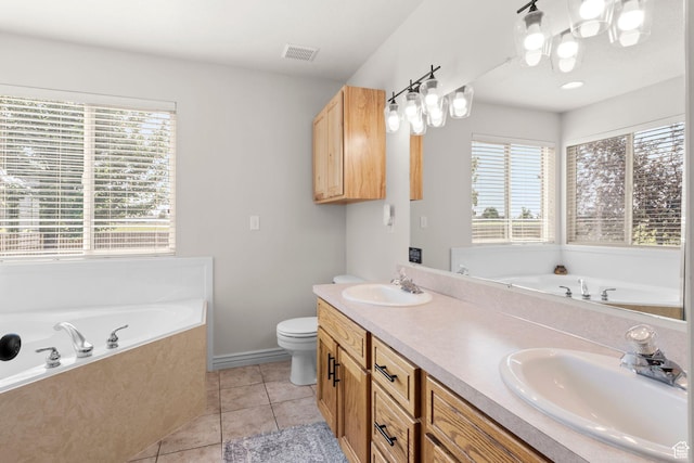 5335 W 5500 S, Hooper, UT 84315 - bathroom featuring a bath, double vanity, tile patterned flooring, and a chandelier
