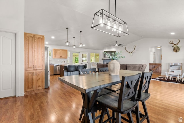 5335 W 5500 S, Hooper, UT 84315 - dining space featuring vaulted ceiling, light wood-style floors, recessed lighting, and ceiling fan