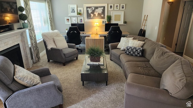595 E Camden Park Ln, Draper, UT 84020 - carpeted living area featuring a desk and a brick fireplace