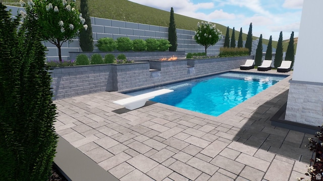 292 N Flag Rock Dr, Farmington, UT 84025 - view of swimming pool with a diving board, a patio area, and a fire pit
