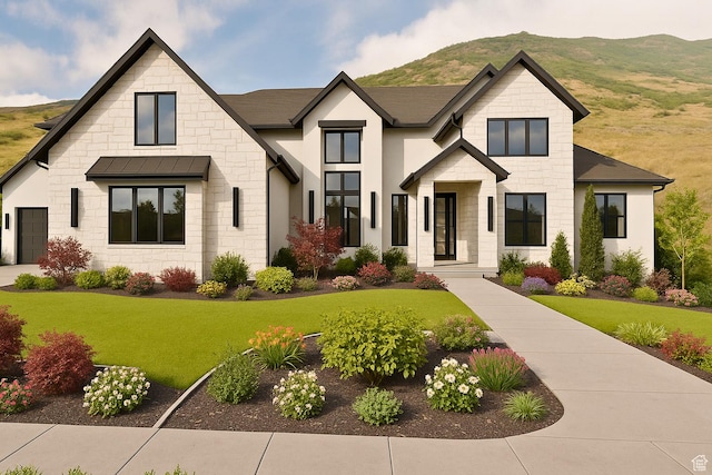 292 N Flag Rock Dr, Farmington, UT 84025 - modern inspired farmhouse with stone siding, a front lawn, and a mountain view