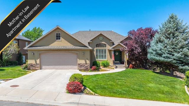 328 S 1060 E, Santaquin, UT 84655 - view of front of house with stone siding, stucco siding, a front yard, and driveway