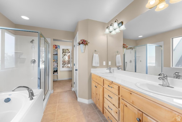 328 S 1060 E, Santaquin, UT 84655 - bathroom featuring a stall shower, double vanity, a garden tub, and tile patterned floors