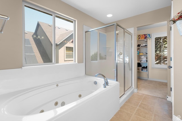 328 S 1060 E, Santaquin, UT 84655 - bathroom featuring a shower stall, a tub with jets, tile patterned flooring, and recessed lighting