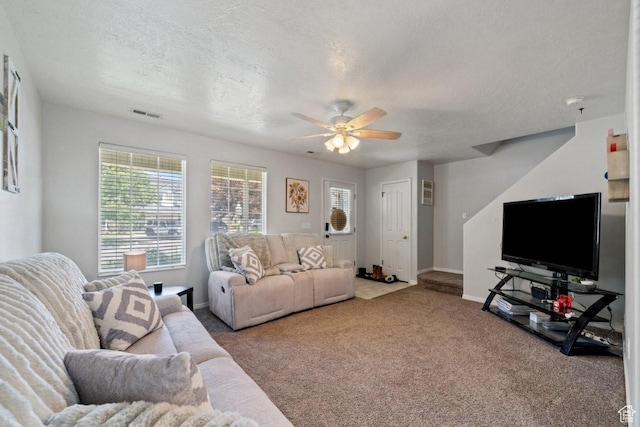 1021 Sara Ln, Ogden, UT 84404 - carpeted living room with a textured ceiling and ceiling fan