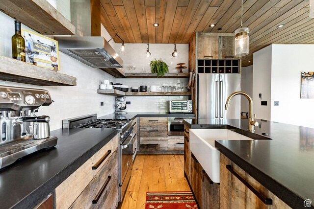 1766 W Arapaho Dr, Wanship, UT 84017 - kitchen featuring appliances with stainless steel finishes, open shelves, wooden ceiling, dark countertops, and light wood finished floors