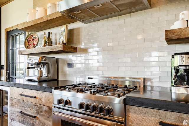 1766 W Arapaho Dr, Wanship, UT 84017 - kitchen with stainless steel stove, island exhaust hood, decorative backsplash, and wine cooler