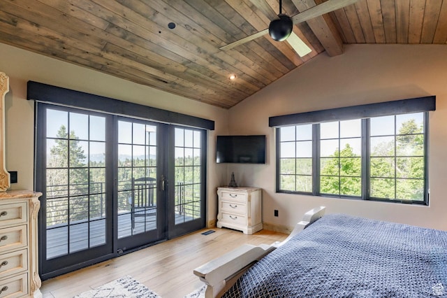 1766 W Arapaho Dr, Wanship, UT 84017 - bedroom featuring access to exterior, light wood-type flooring, wooden ceiling, and ceiling fan