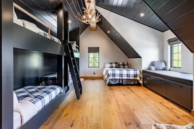 1766 W Arapaho Dr, Wanship, UT 84017 - bedroom featuring a chandelier, light wood-style flooring, wood ceiling, multiple windows, and vaulted ceiling