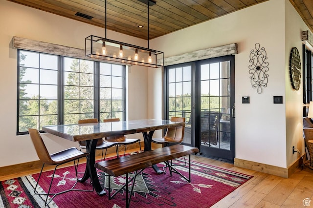1766 W Arapaho Dr, Wanship, UT 84017 - dining area with wooden ceiling, hardwood / wood-style flooring, and a chandelier