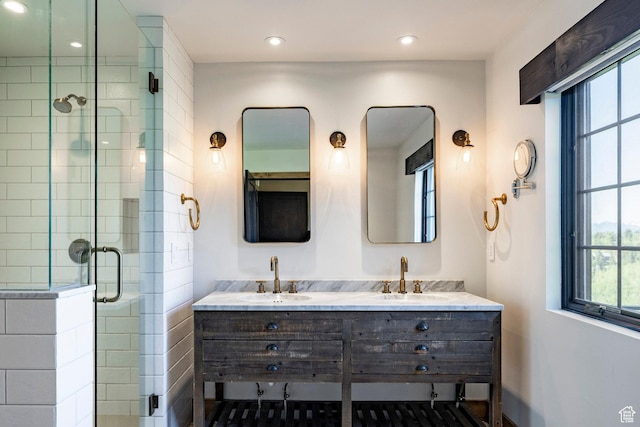 1766 W Arapaho Dr, Wanship, UT 84017 - full bathroom featuring a stall shower, double vanity, and recessed lighting