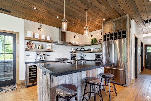 1766 W Arapaho Dr, Wanship, UT 84017 - kitchen featuring high quality fridge, open shelves, dark countertops, wooden ceiling, and light wood finished floors
