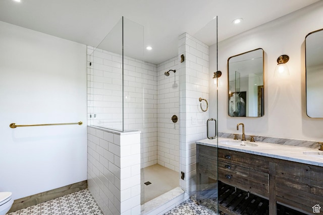 1766 W Arapaho Dr, Wanship, UT 84017 - full bathroom featuring tiled shower, double vanity, and recessed lighting